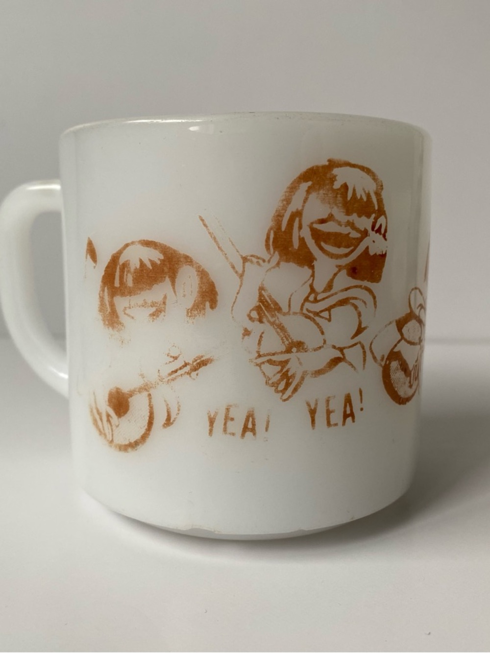 Vintage Beatles White Ceramic Milk Mug Merch with Orange Fab 4 "YEA! YEA! YEA!"
